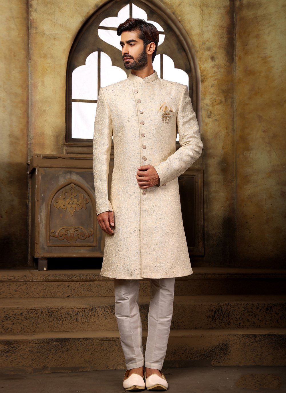 Indo Western Sherwani Imported Cream Jacquard Work Mens