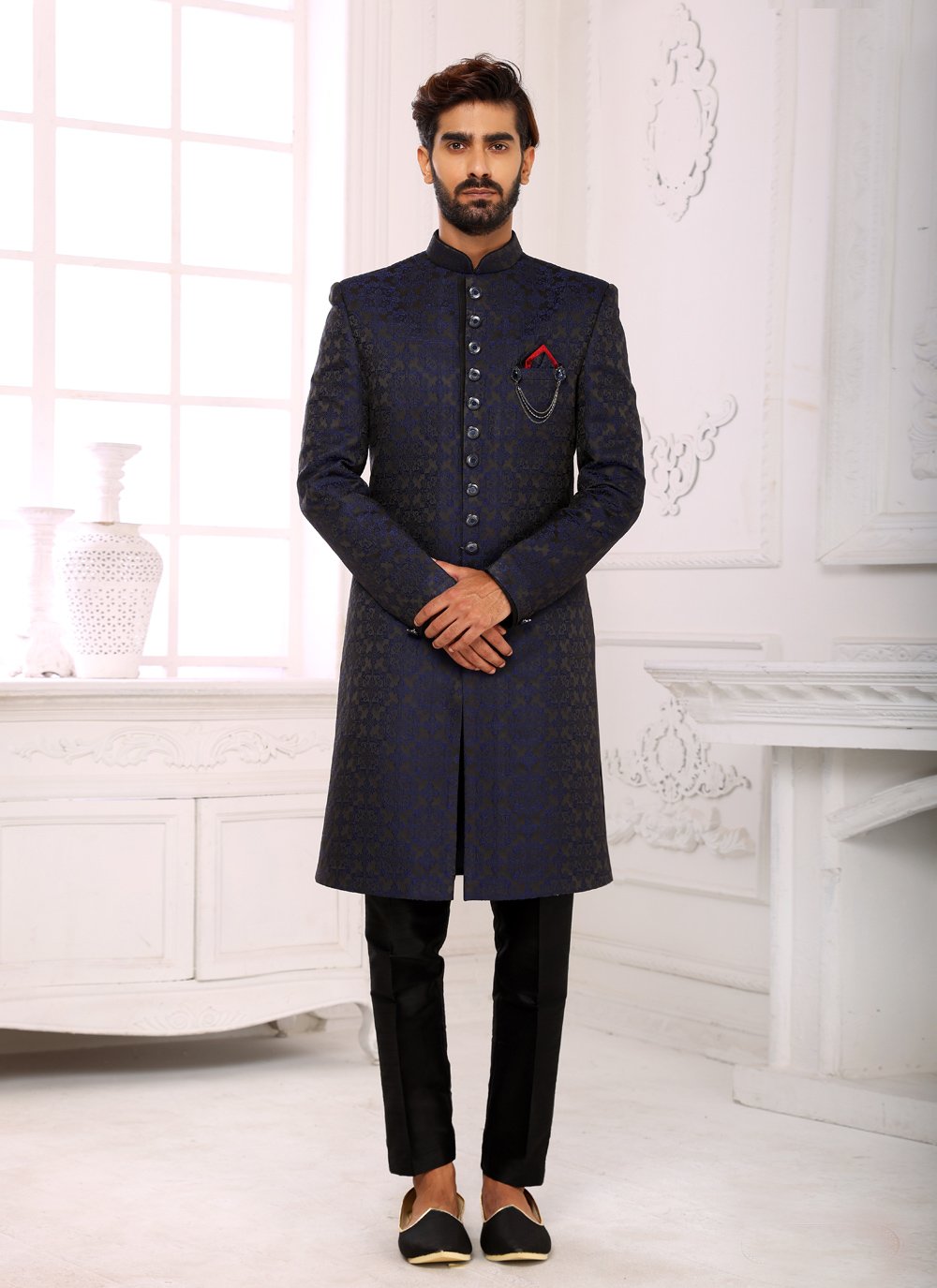 Indo Western Imported Jacquard Blue Embroidered Mens