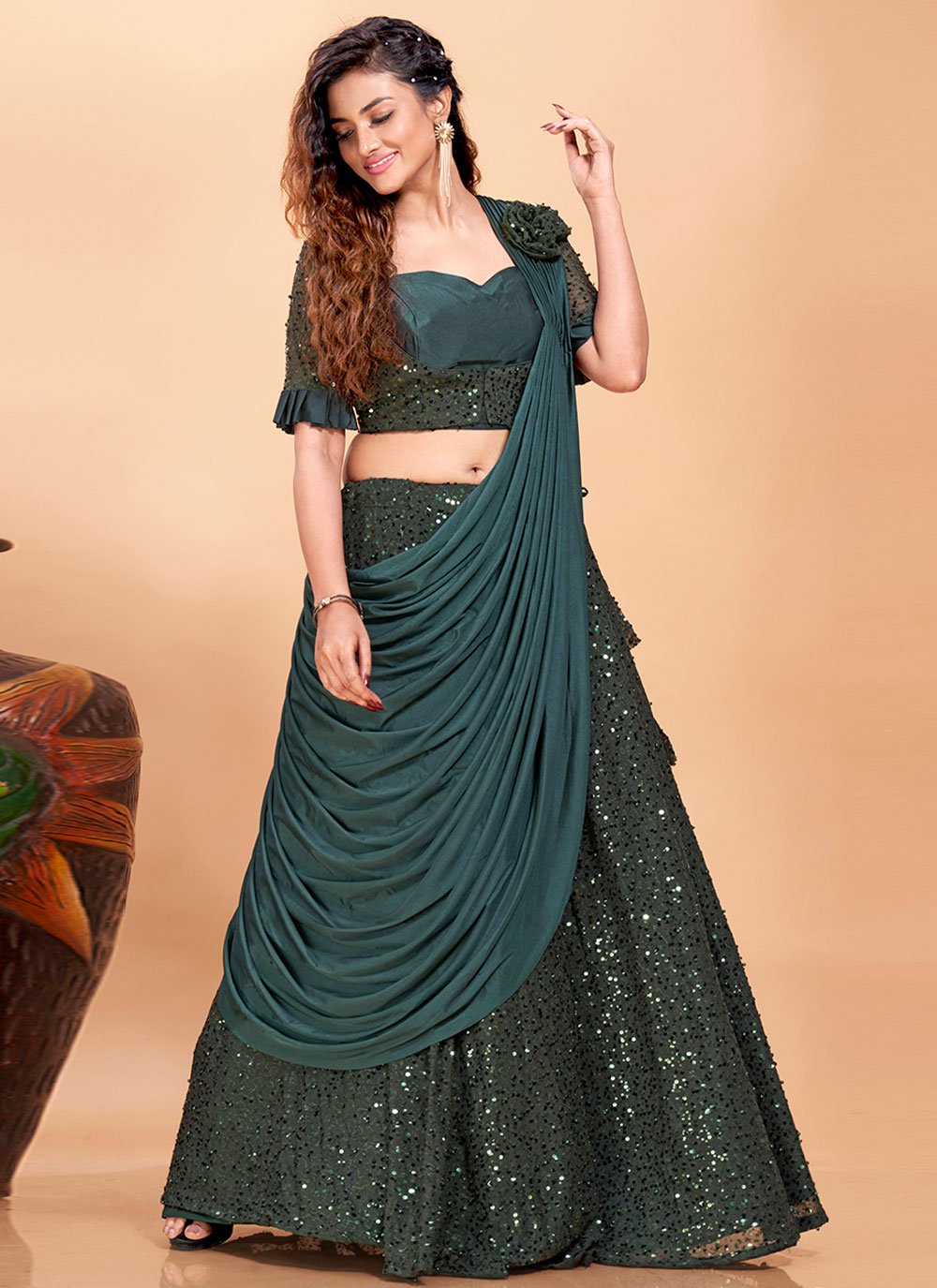 Readymade Lehenga Choli Fancy Fabric Imported Green Embroidered Lehenga Choli