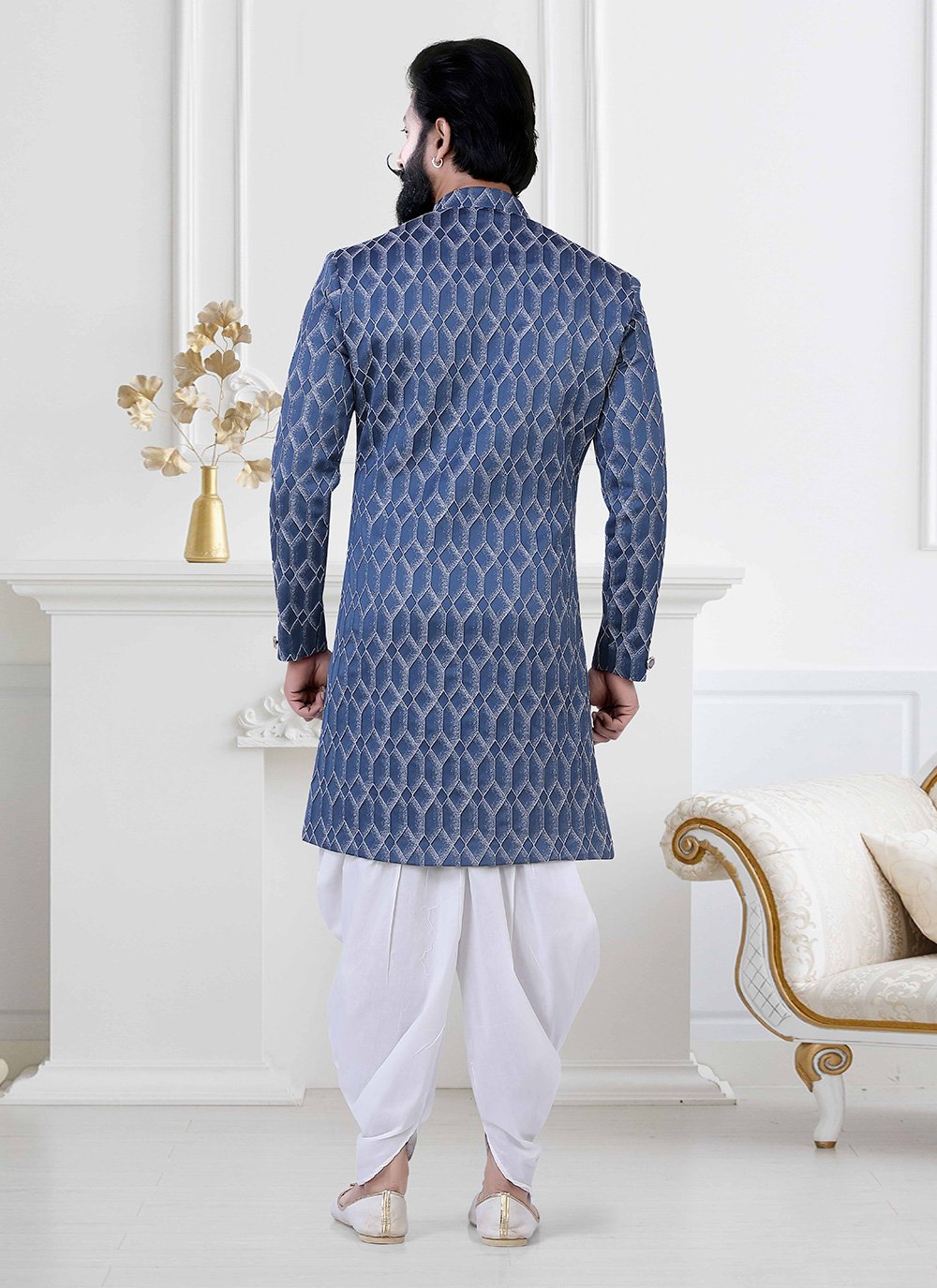 Indo Western Imported Jacquard Blue Fancy Work Mens