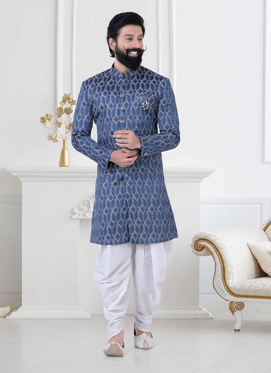 Indo Western Imported Jacquard Blue Fancy Work Mens