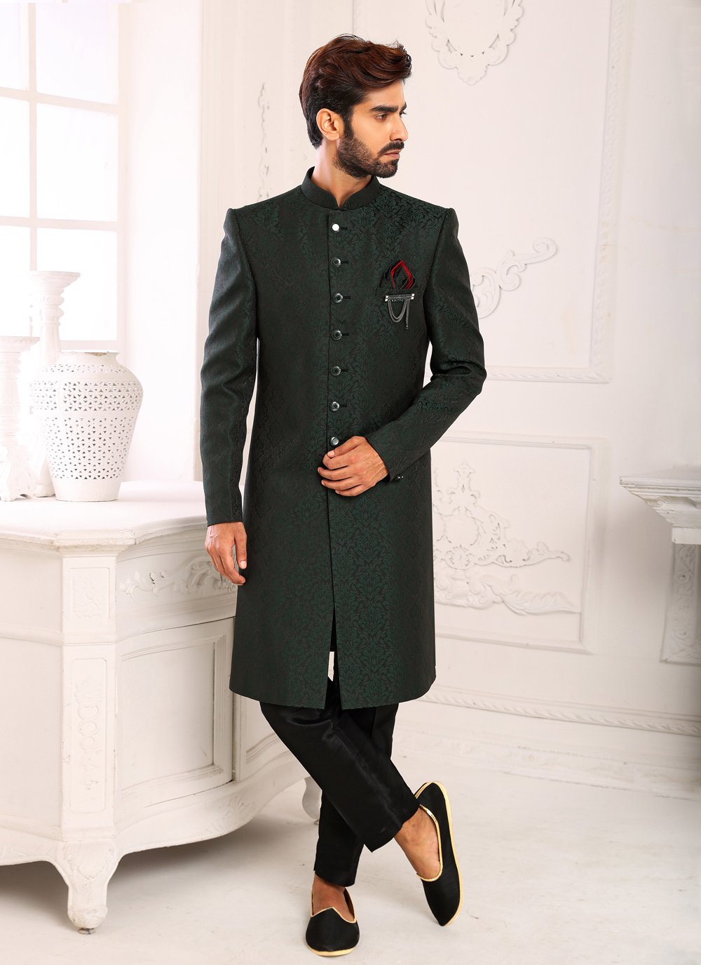 Indo Western Sherwani Imported Green Jacquard Work Mens