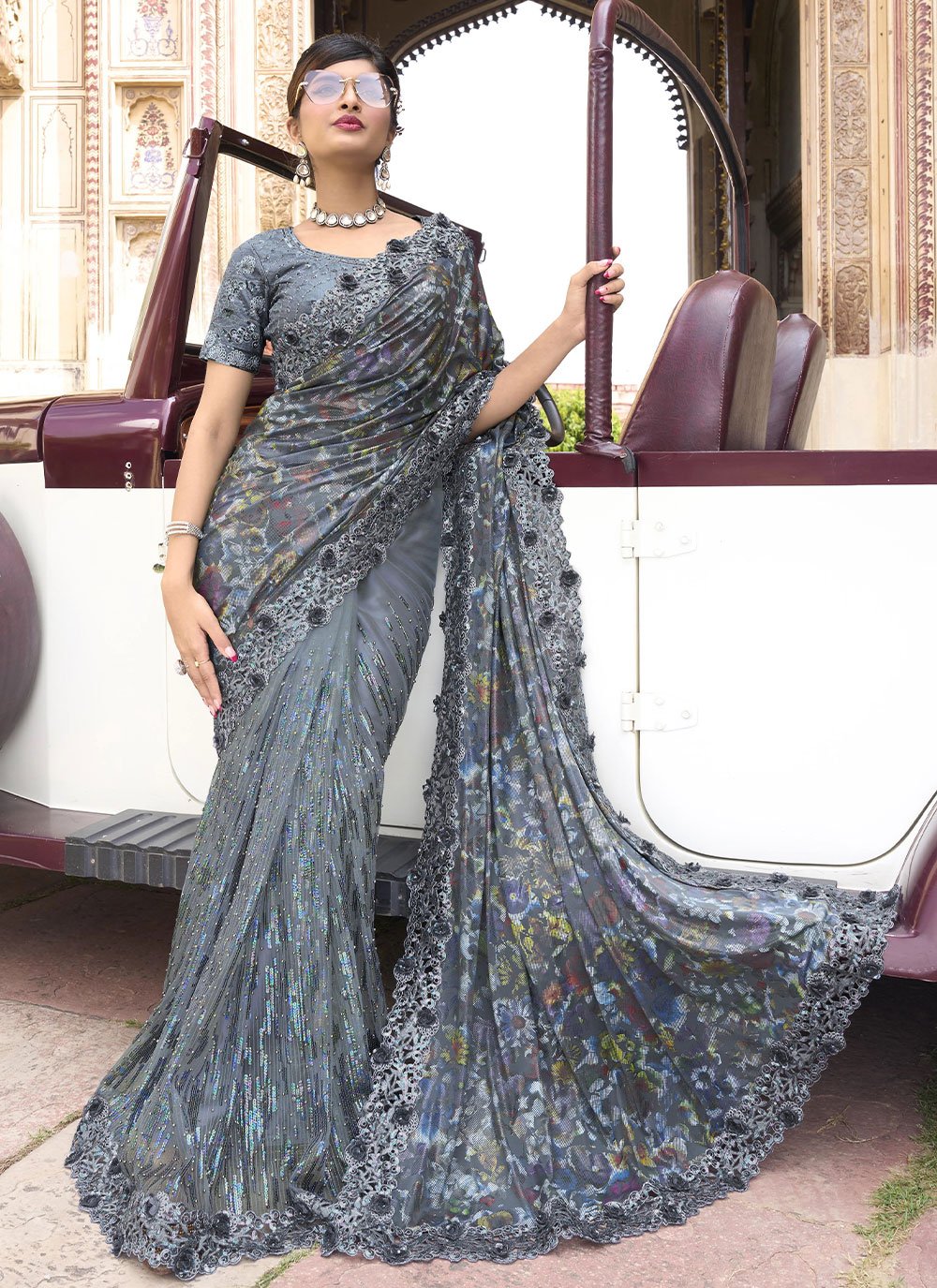 Classic Imported Grey Embroidered Saree