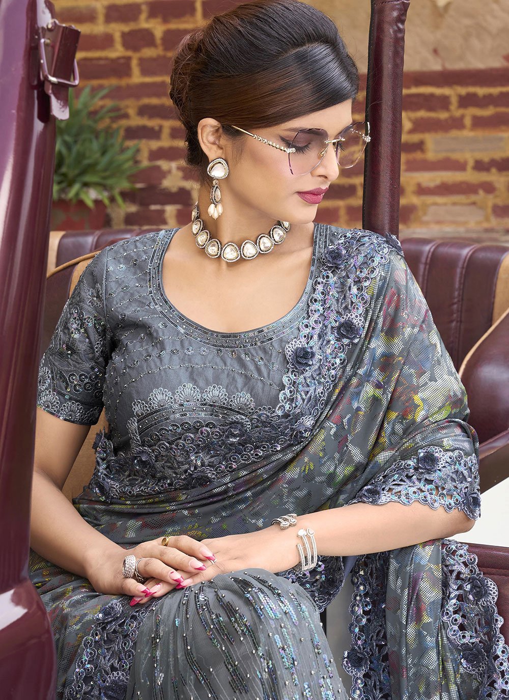 Classic Imported Grey Embroidered Saree