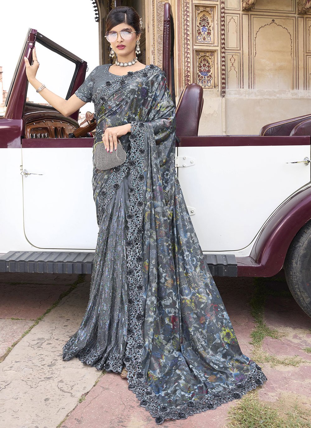 Classic Imported Grey Embroidered Saree