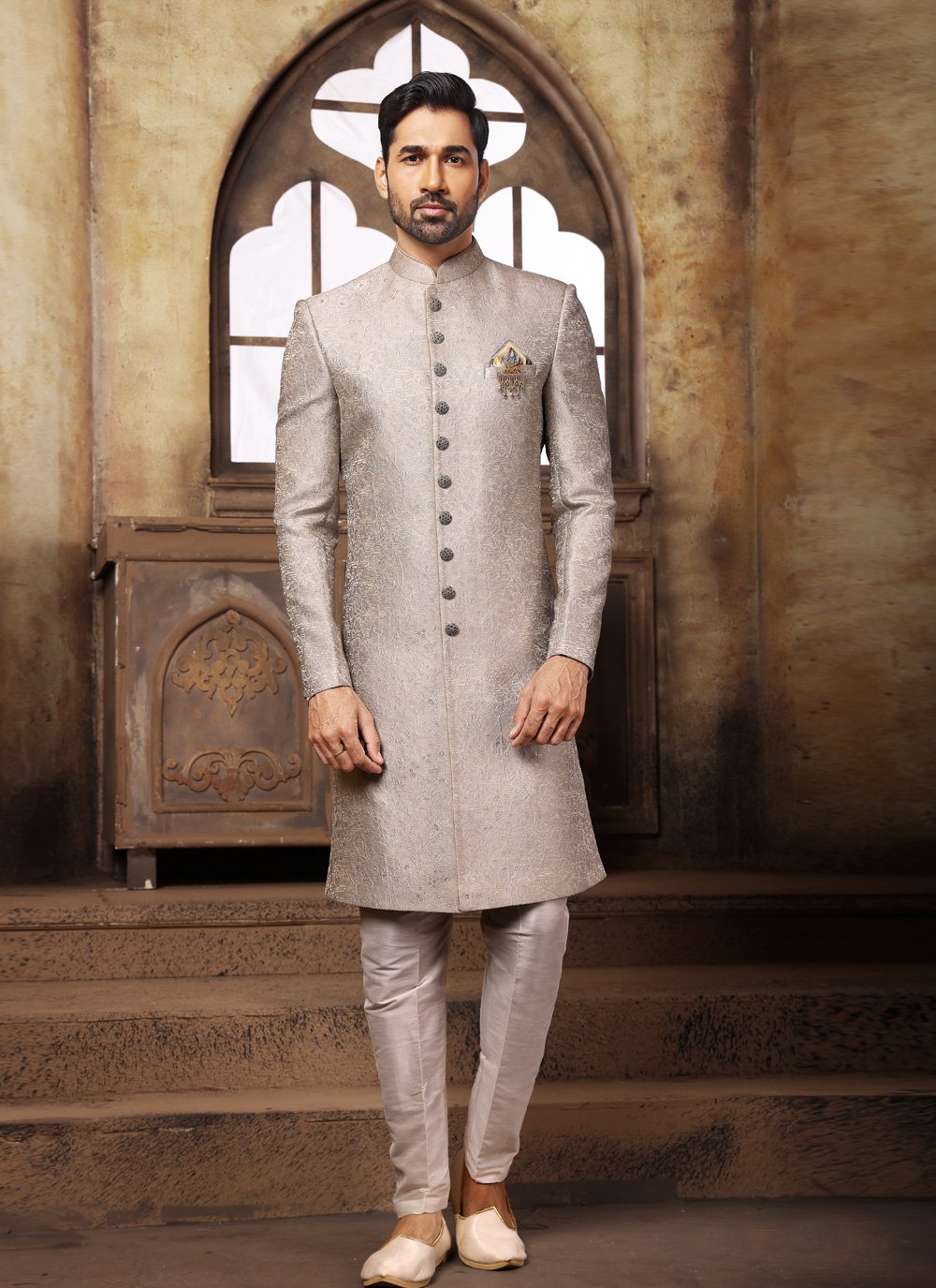 Indo Western Imported Jacquard Grey Jacquard Work Mens