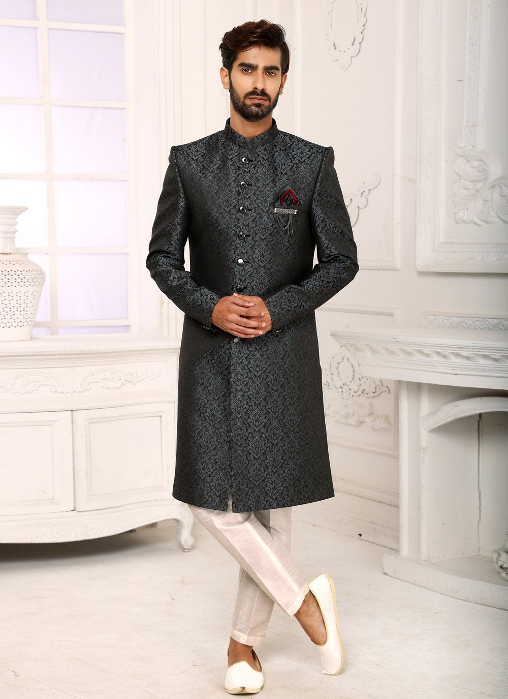 Indo Western Sherwani Imported Grey Jacquard Work Mens