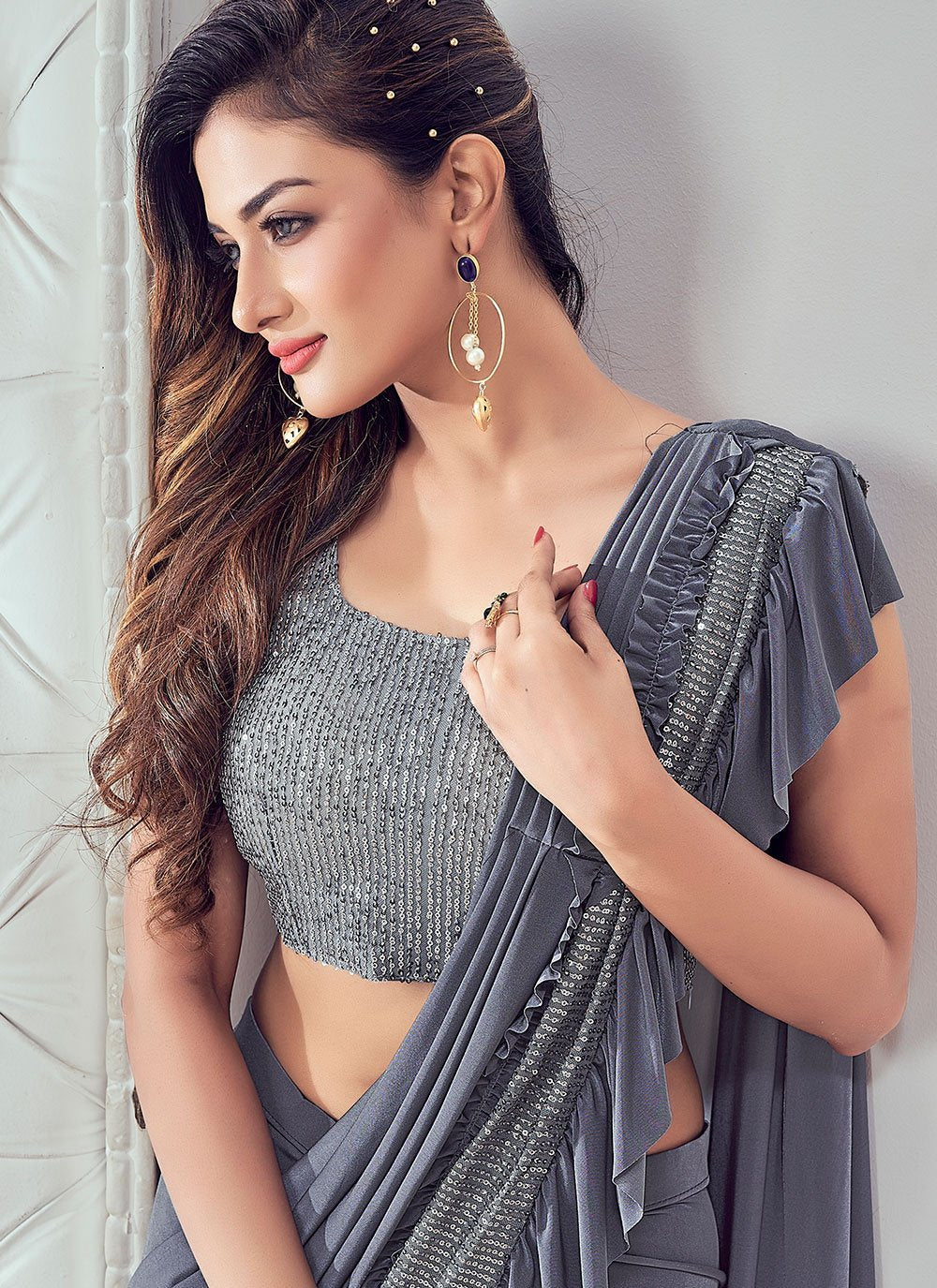 Classic Imported Grey Sequins Saree