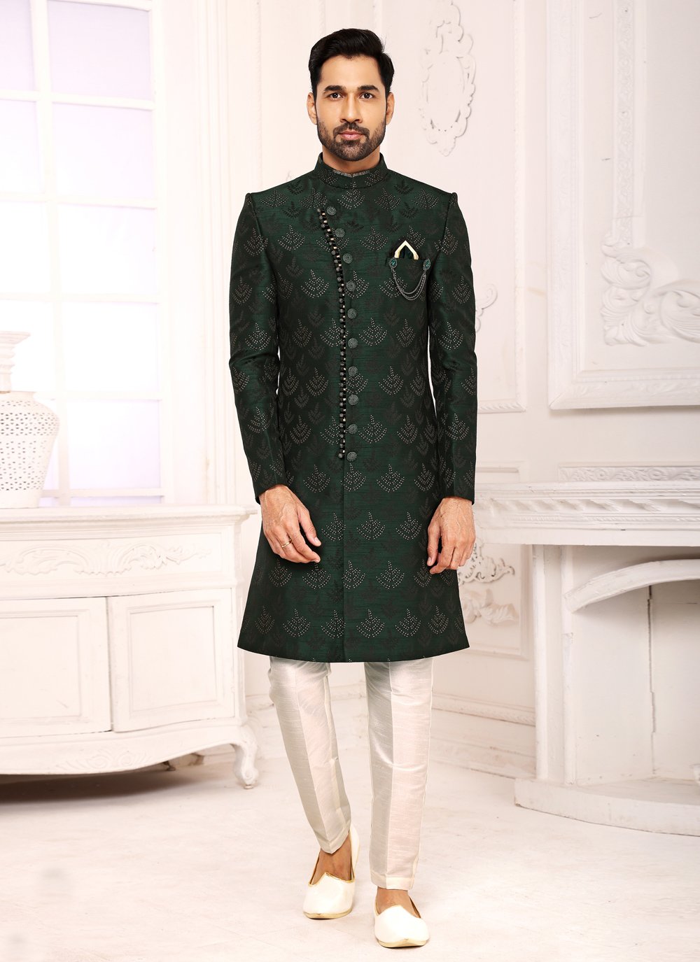 Indo Western Sherwani Imported Green Jacquard Work Mens