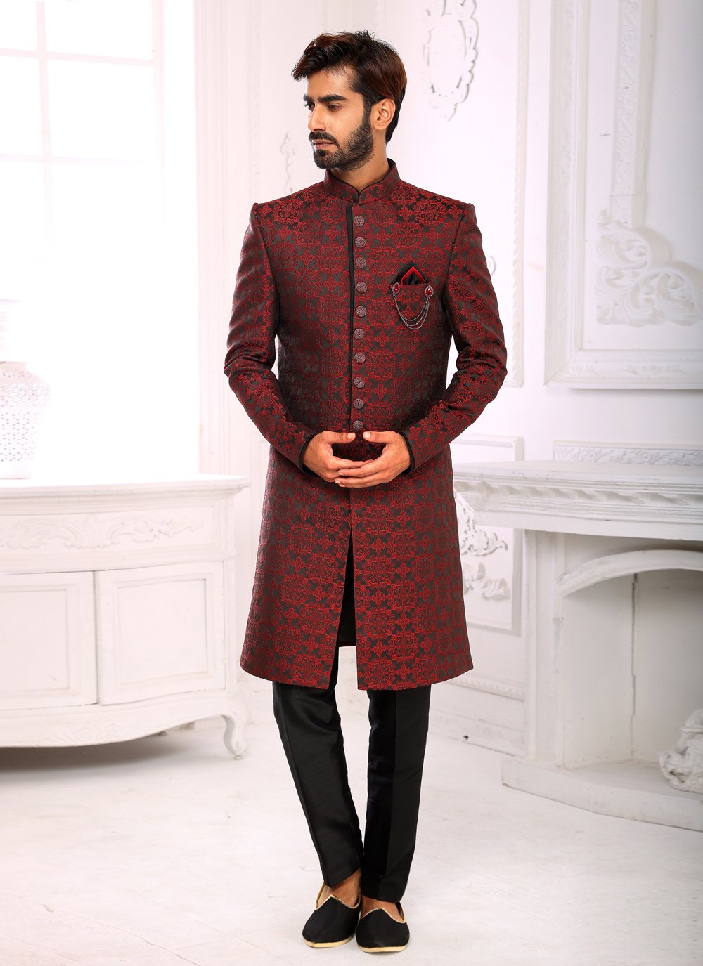 Indo Western Sherwani Imported Maroon Jacquard Work Mens