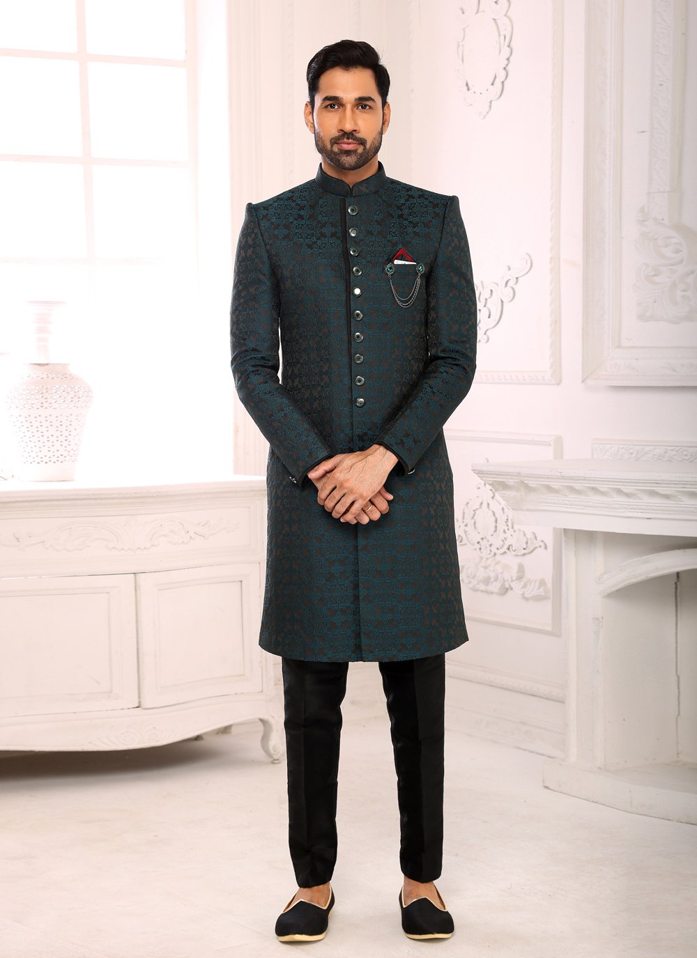 Indo Western Sherwani Imported Rama Jacquard Work Mens