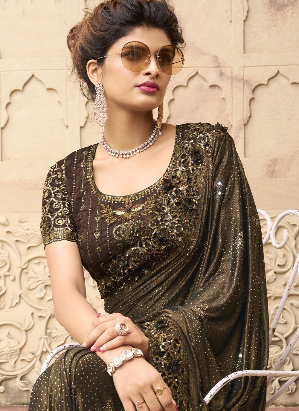 Classic Imported Brown Embroidered Saree