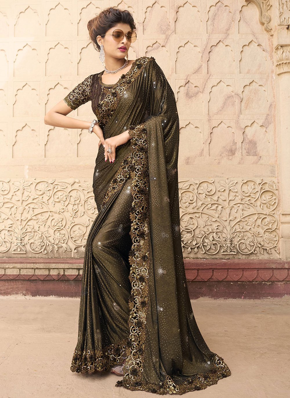 Classic Imported Brown Embroidered Saree