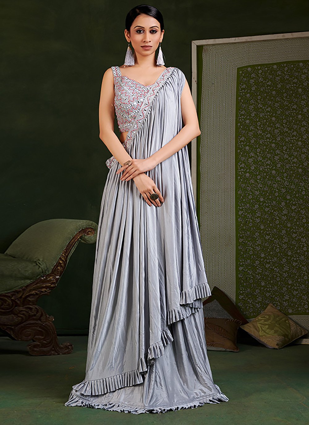 Classic Imported Grey Embroidered Saree