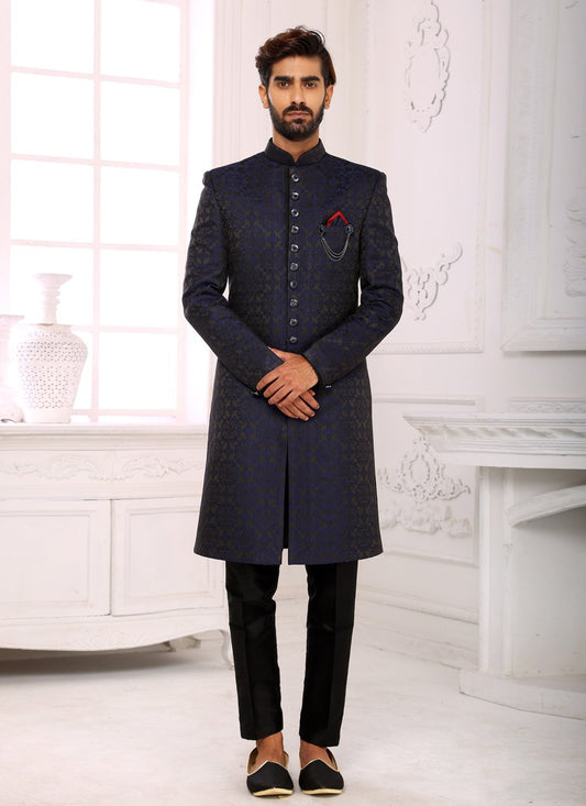 Indo Western Sherwani Imported Blue Jacquard Work Mens