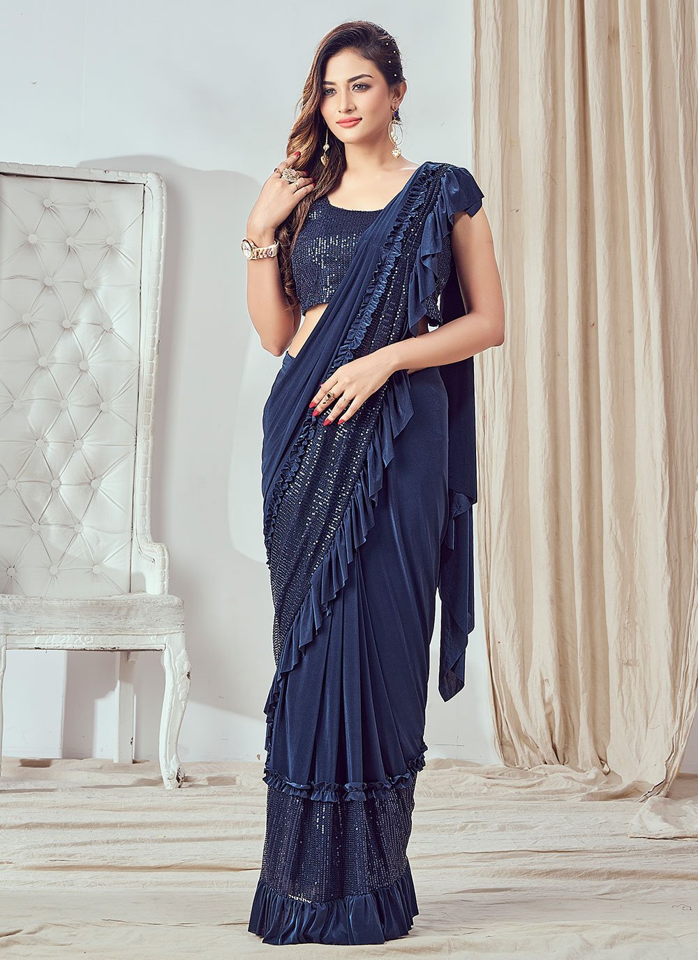 Classic Imported Blue Sequins Saree