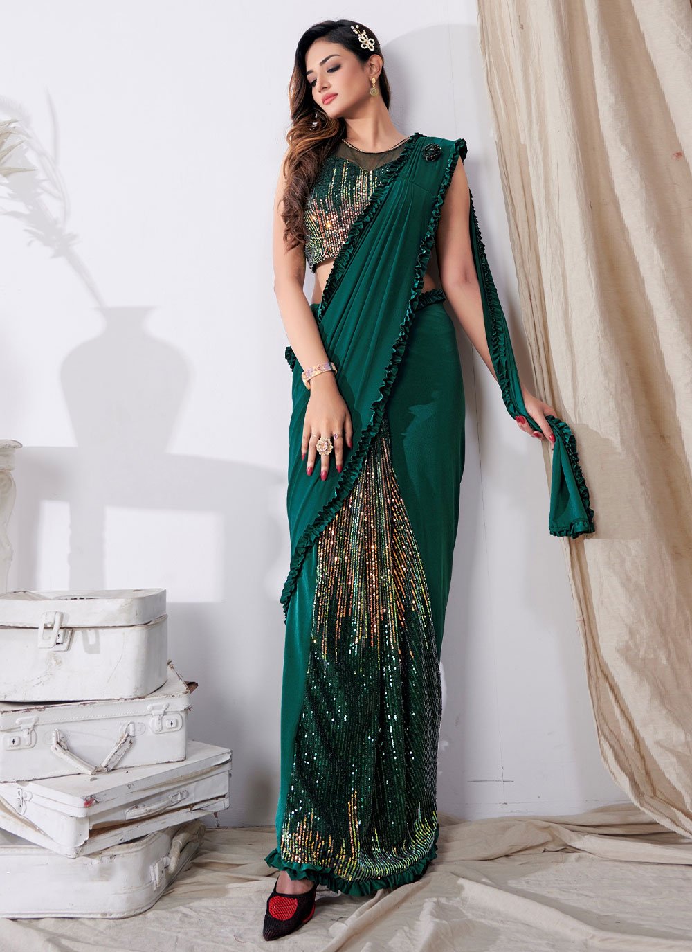 Contemporary Imported Rama Broches Saree