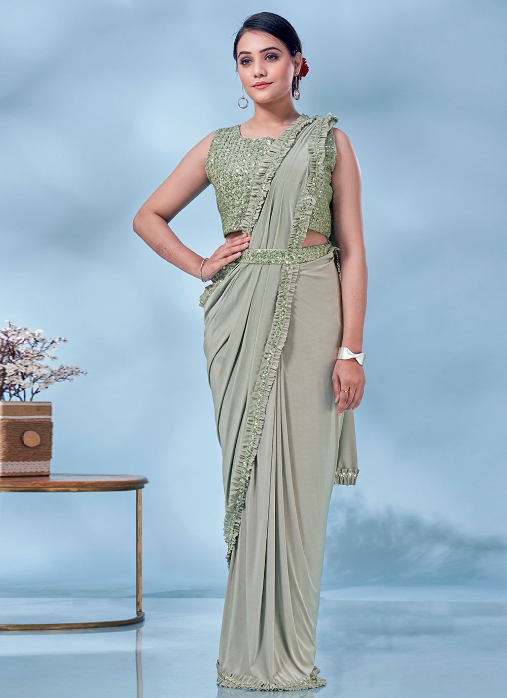 Classic Imported Sea Green Sequins Saree