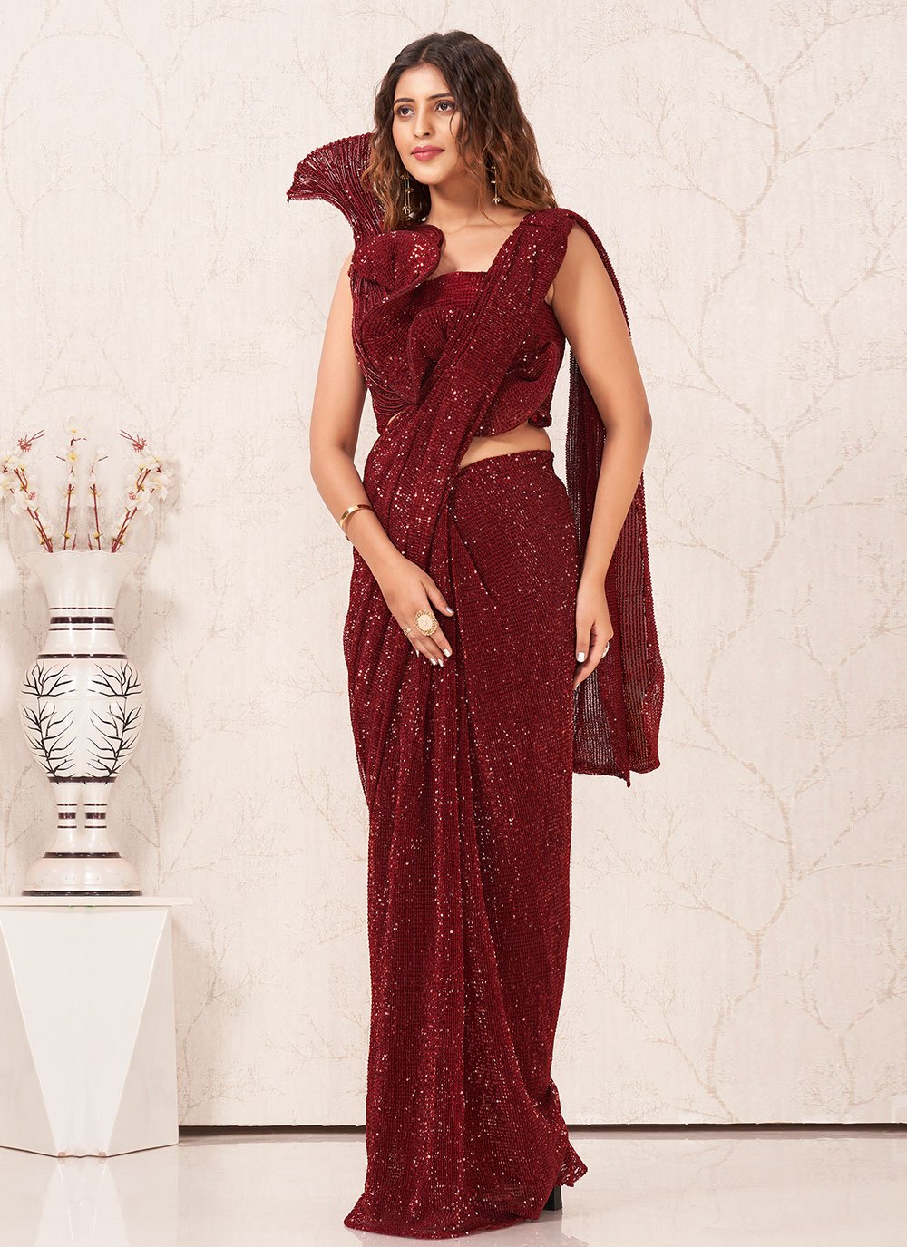 Designer Imported Maroon Sequins Saree