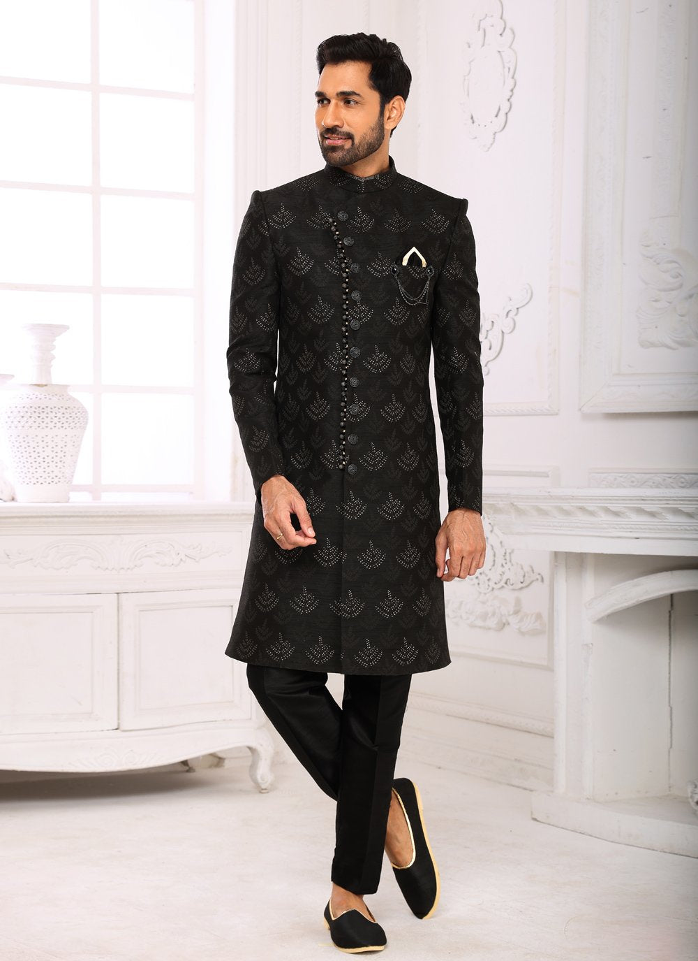 Indo Western Imported Jacquard Black Embroidered Mens