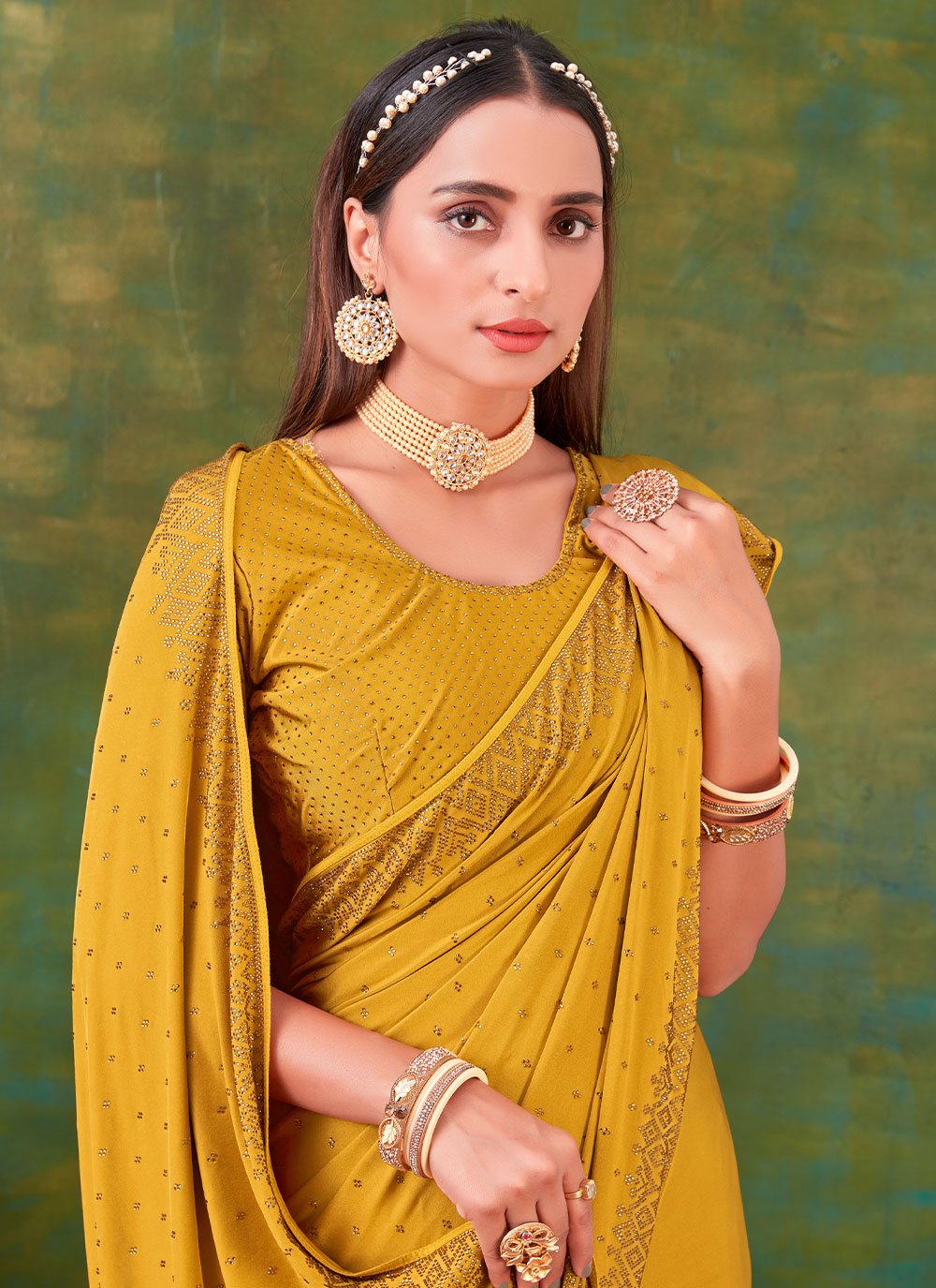 Trendy Saree Imported Yellow Swarovski Saree