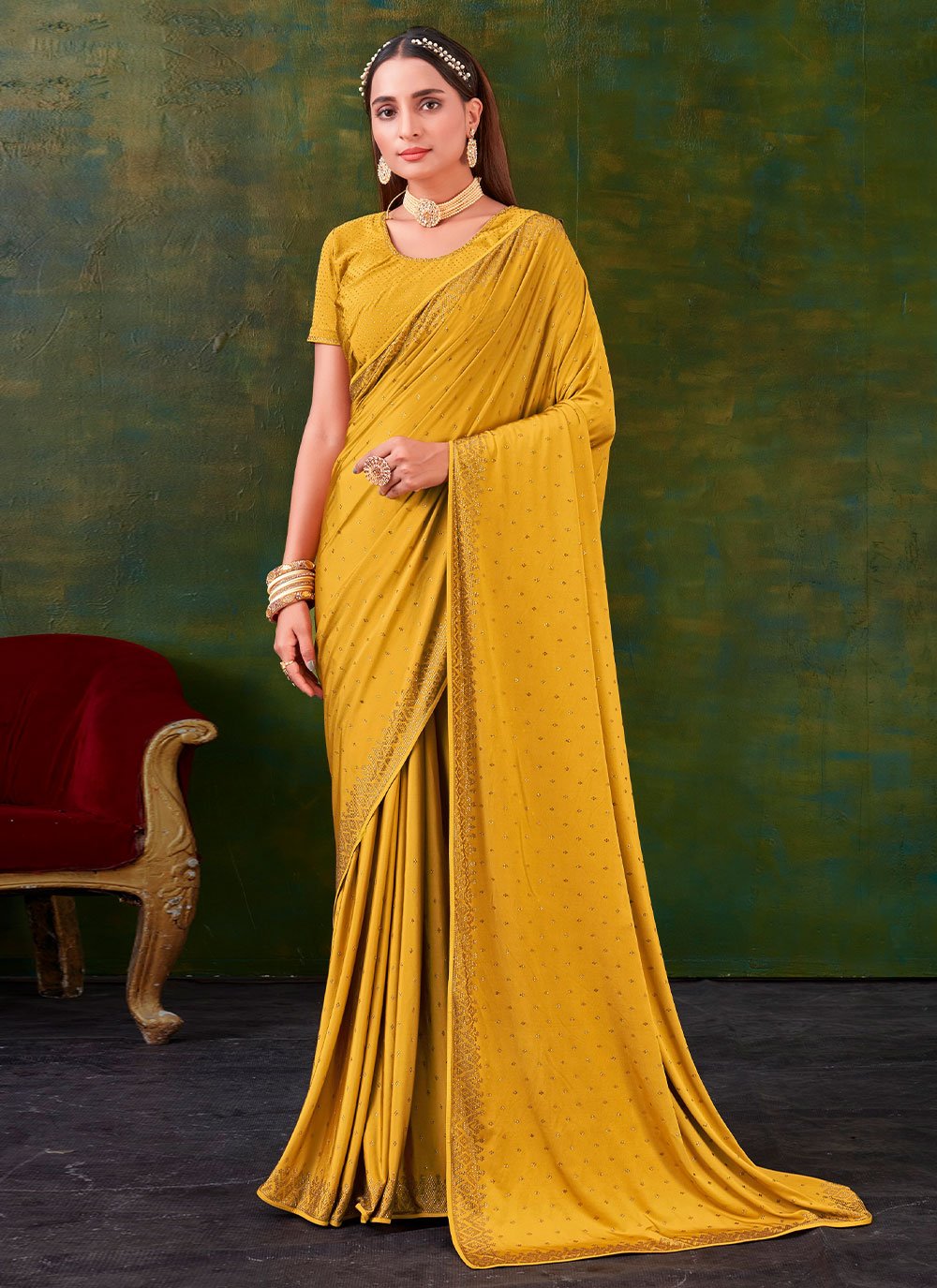 Trendy Saree Imported Yellow Swarovski Saree