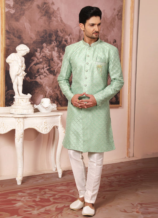 Indo Western Art Silk Green Embroidered Mens