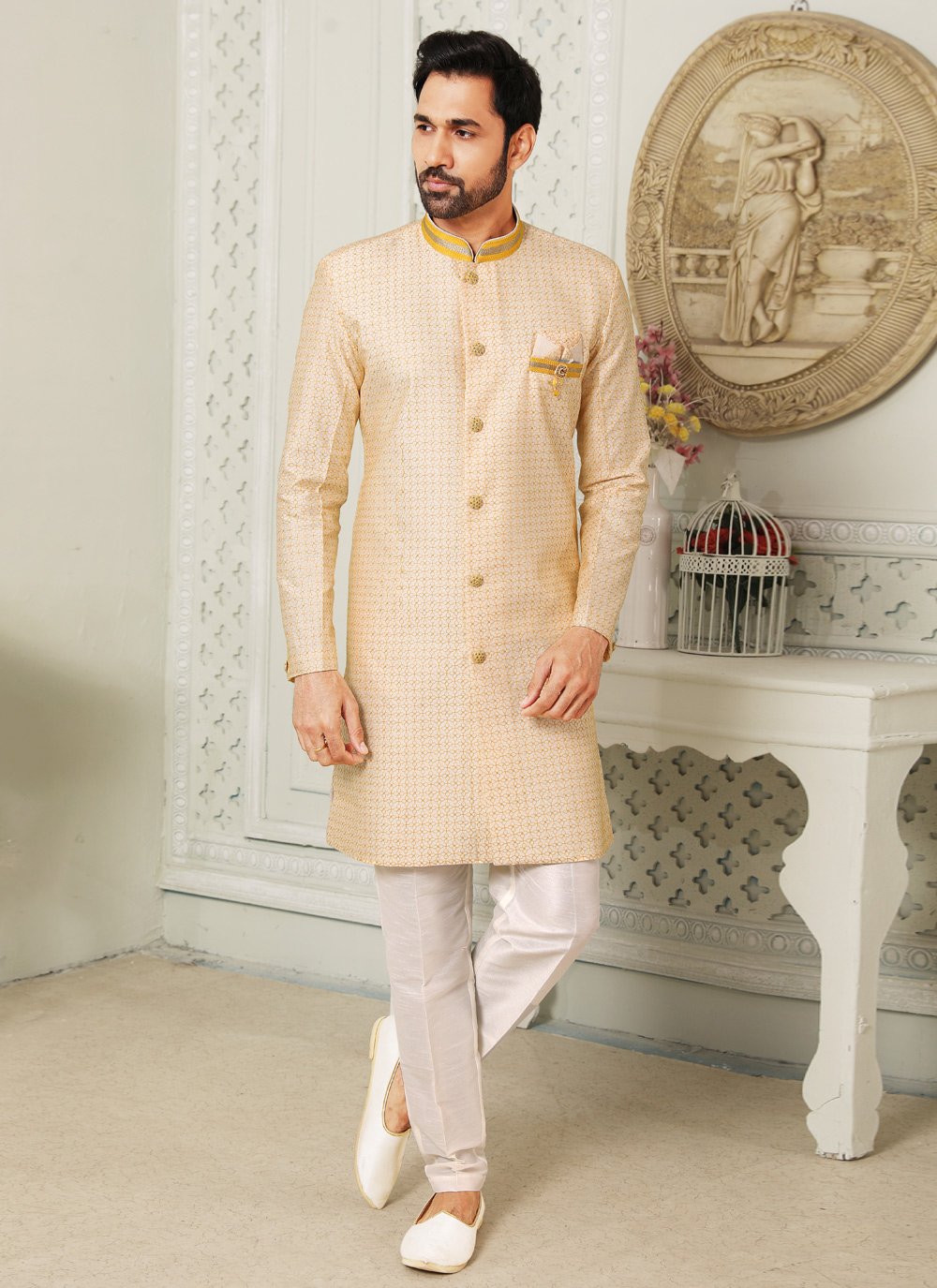 Indo Western Art Silk Yellow Embroidered Mens
