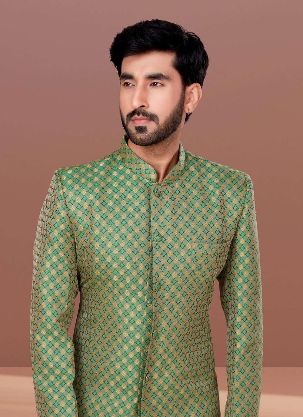 Indo Western Jacquard Green Fancy Work Mens