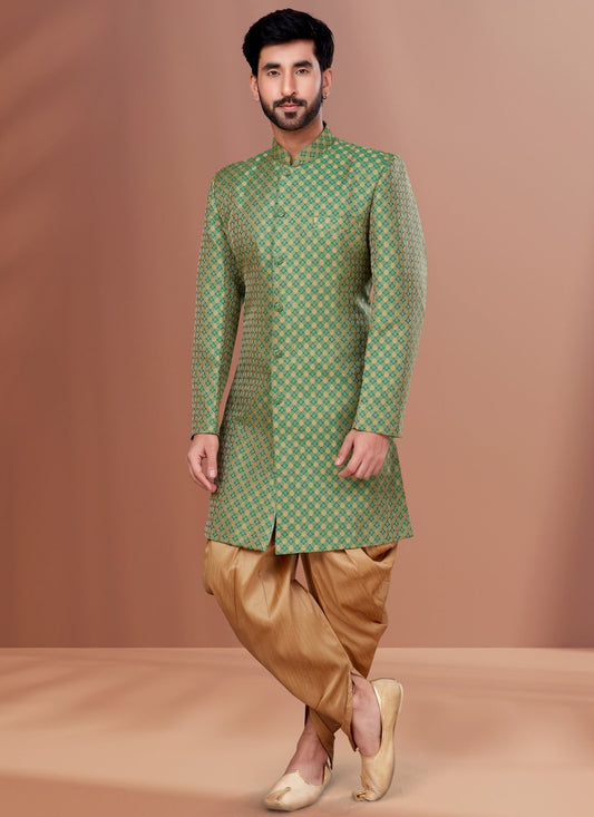 Indo Western Jacquard Green Fancy Work Mens