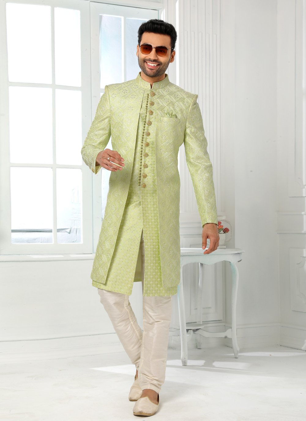 Indo Western Art Silk Green Machine Embroidery Mens