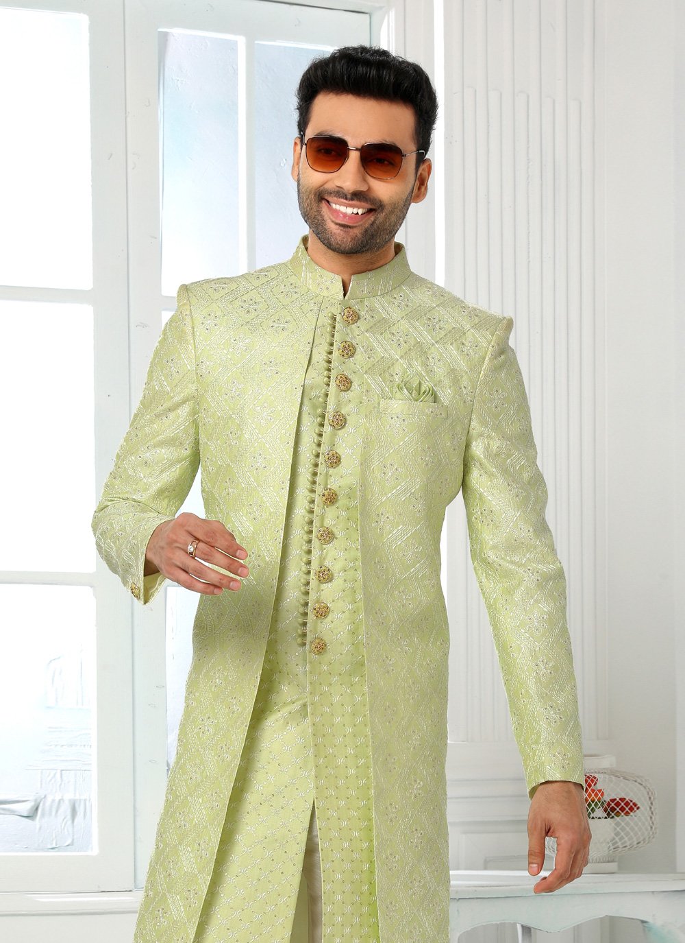 Indo Western Art Silk Green Machine Embroidery Mens