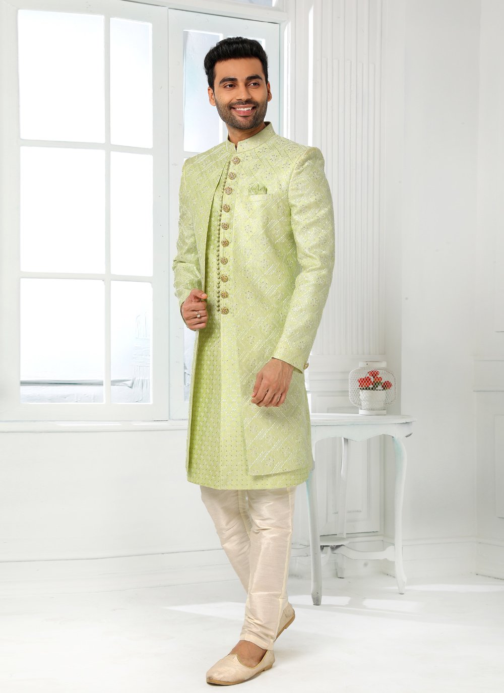 Indo Western Art Silk Green Machine Embroidery Mens