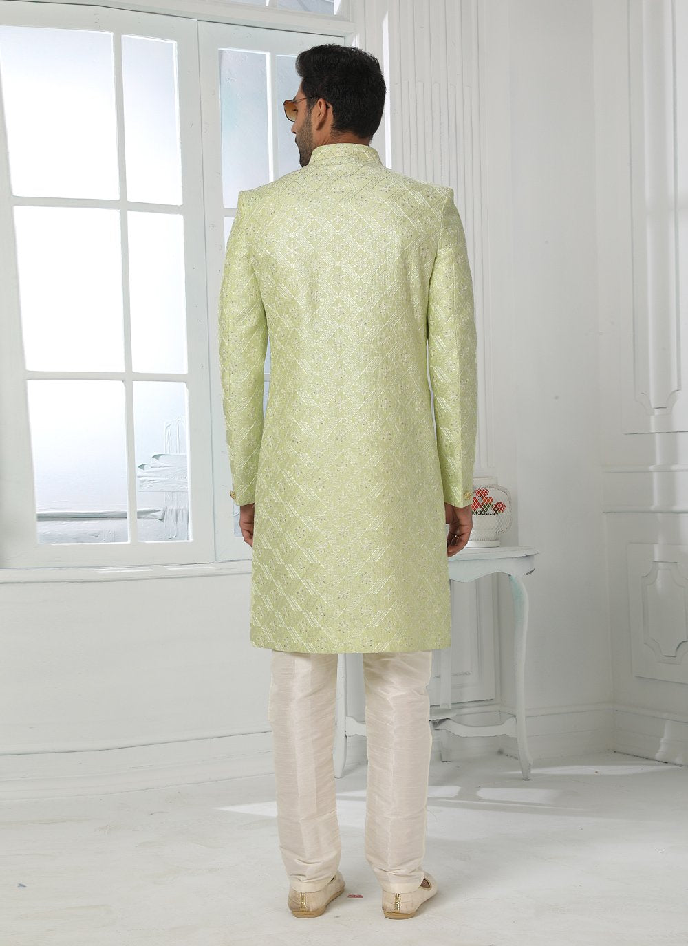 Indo Western Art Silk Green Machine Embroidery Mens