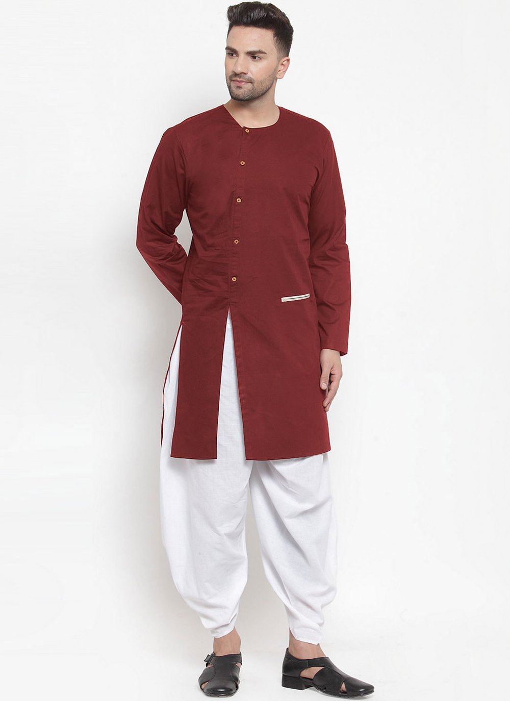 Indo Western Blended Cotton Maroon Plain Mens