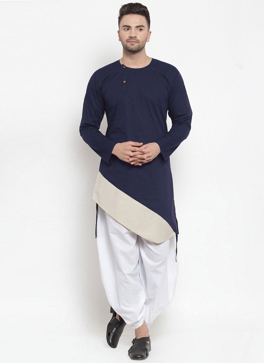 Indo Western Blended Cotton Blue Plain Mens