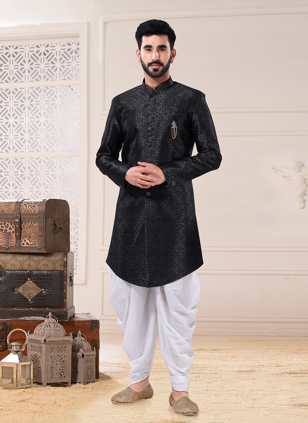 Indo Western Sherwani Jacquard Black Embroidered Mens