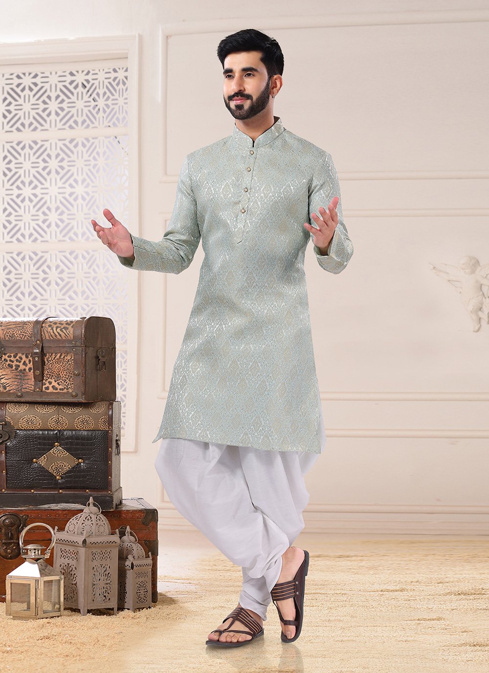 Indo Western Sherwani Jacquard Blue Embroidered Mens