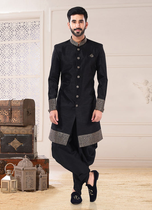 Indo Western Sherwani Silk Black Embroidered Mens