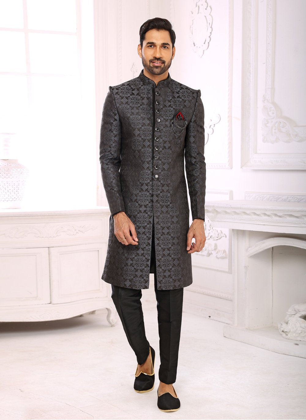 Indo Western Sherwani Imported Grey Jacquard Work Mens