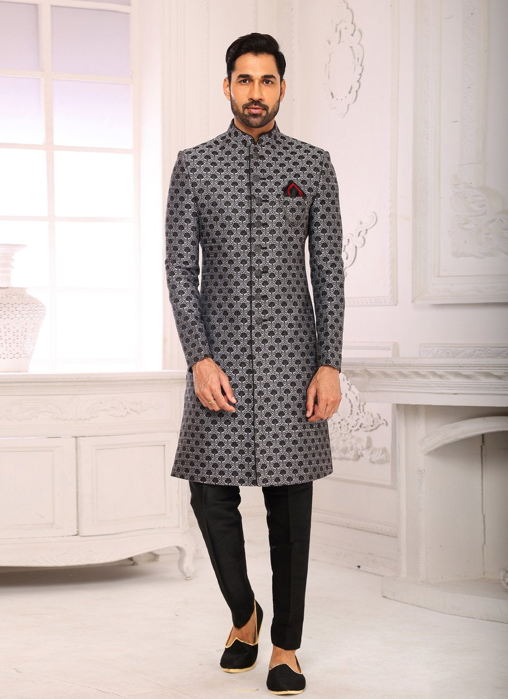 Indo Western Sherwani Imported Grey Jacquard Work Mens