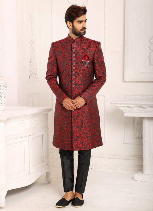 Indo Western Sherwani Imported Maroon Jacquard Work Mens