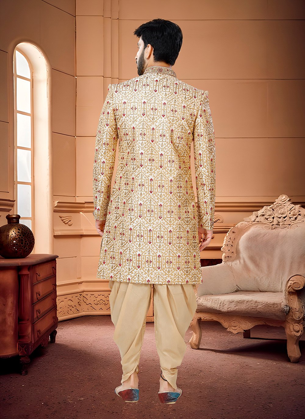 Indo Western Sherwani Silk Cream Hand Work Mens