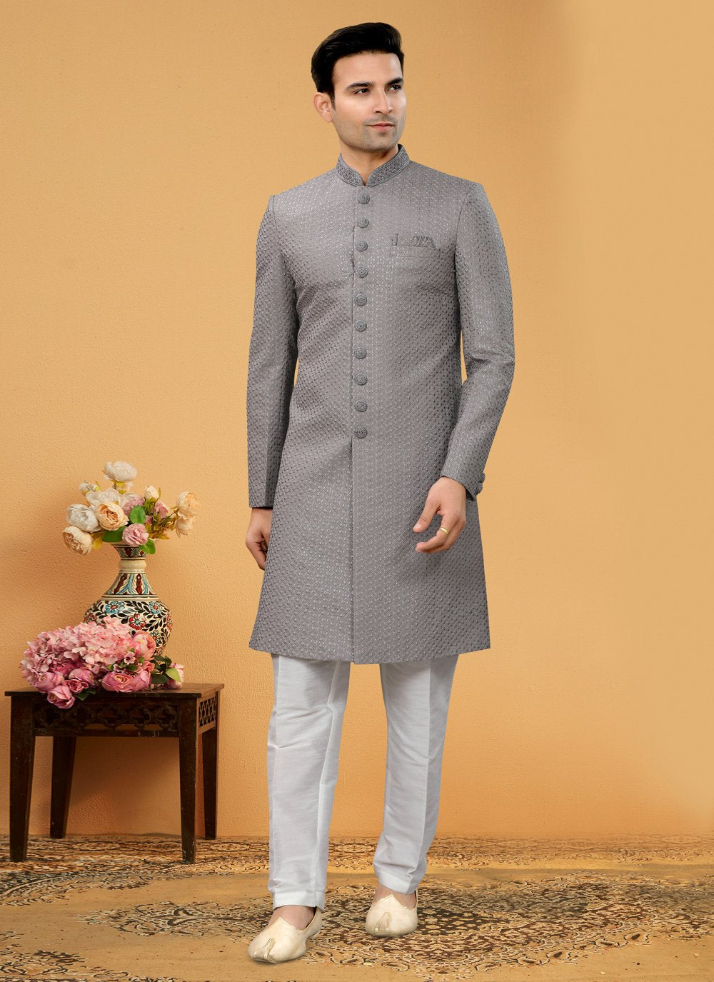 Indo Western Sherwani Fancy Fabric Grey Hand Work Mens