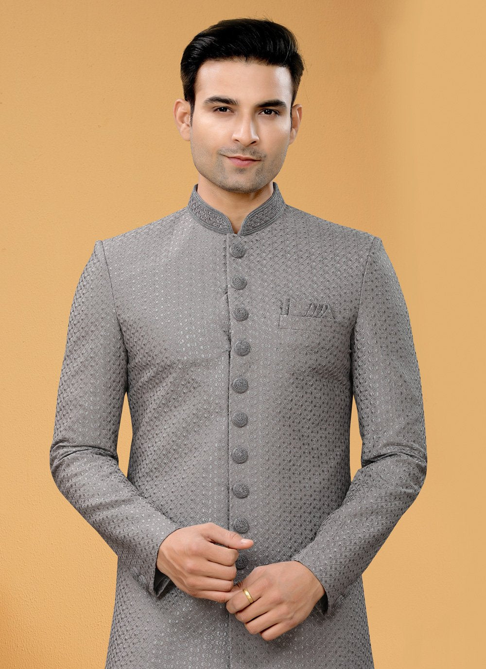 Indo Western Sherwani Fancy Fabric Grey Hand Work Mens