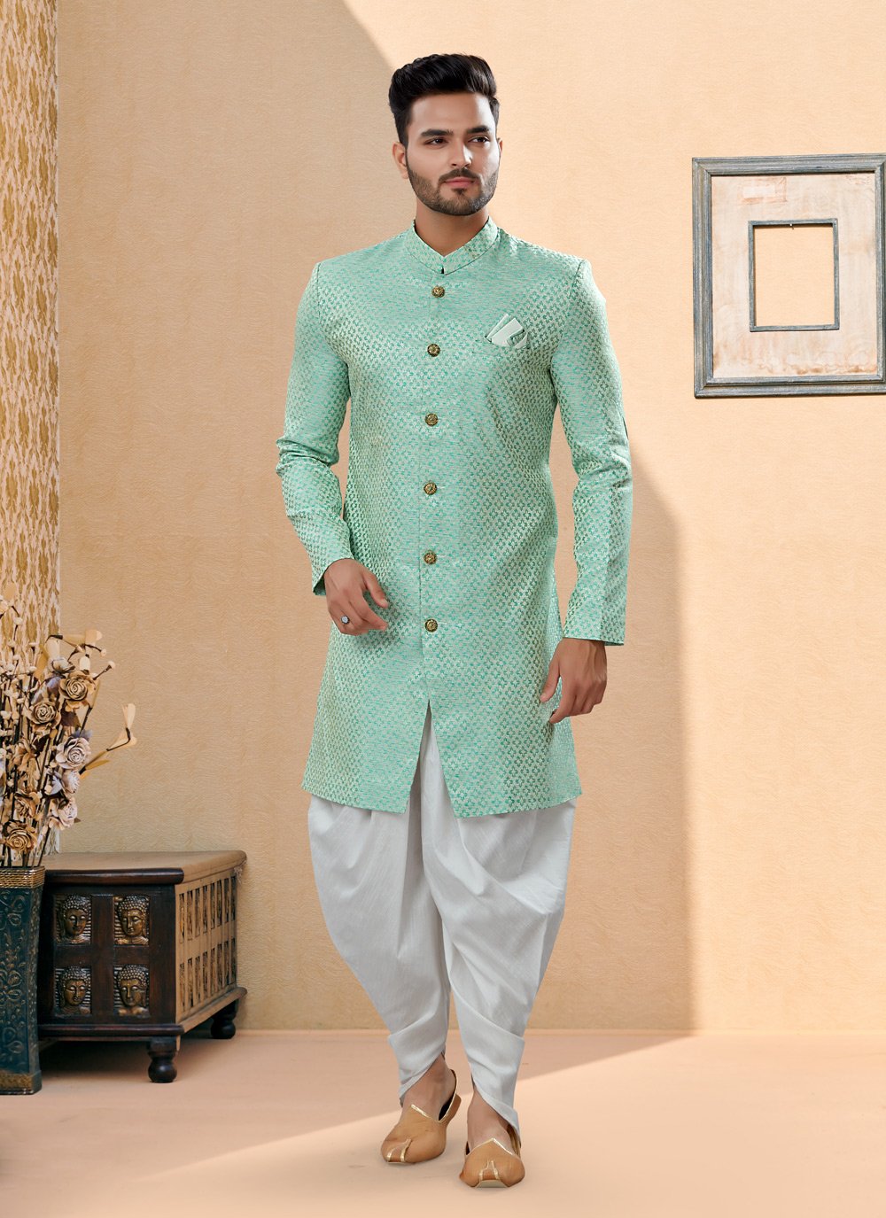 Indo Western Sherwani Banarasi Jacquard Green Thread Mens