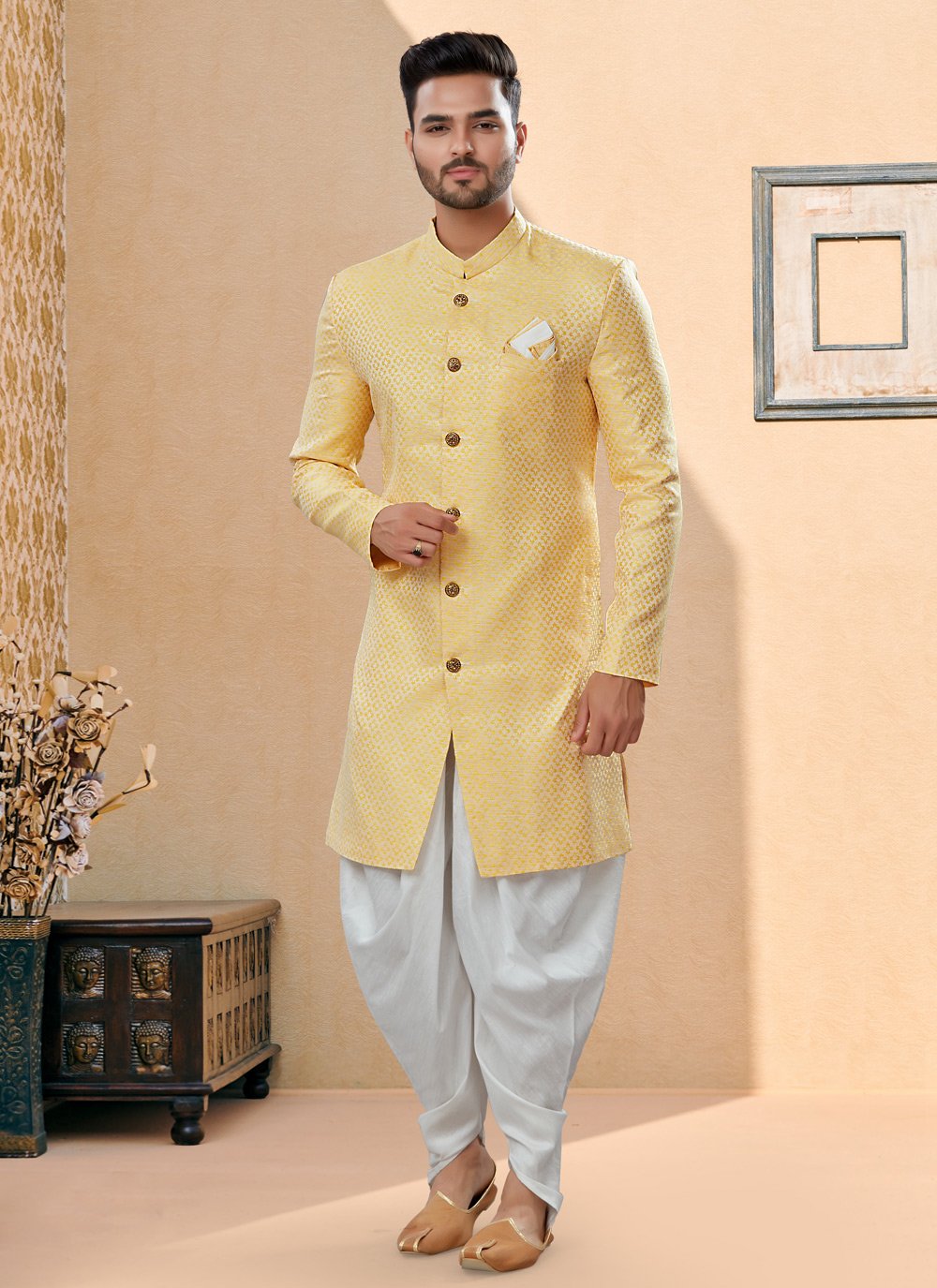 Indo Western Sherwani Banarasi Jacquard Yellow Thread Mens