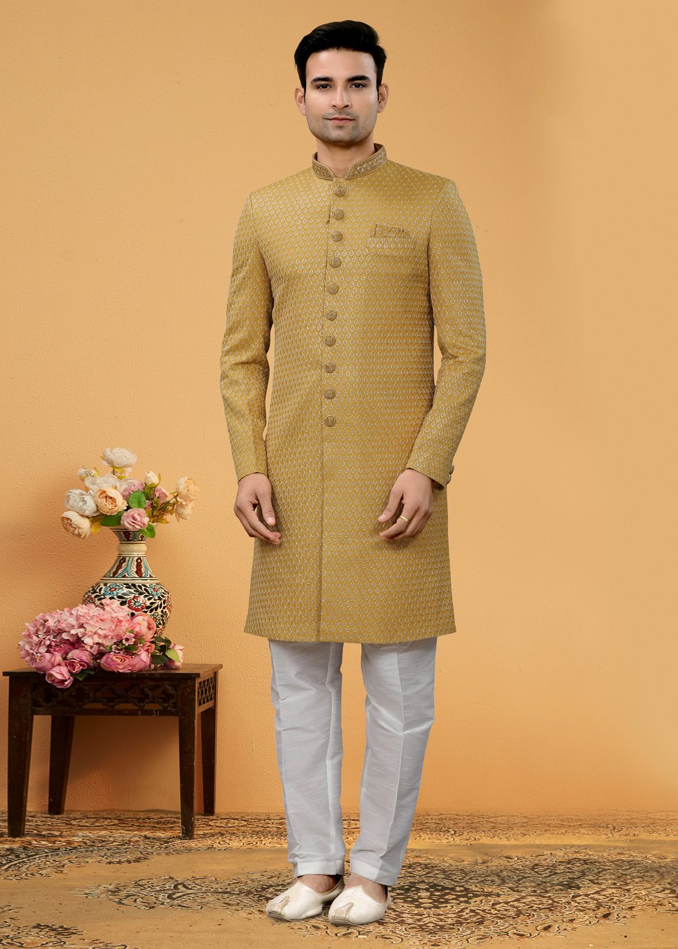 Indo Western Sherwani Fancy Fabric Beige Hand Work Mens