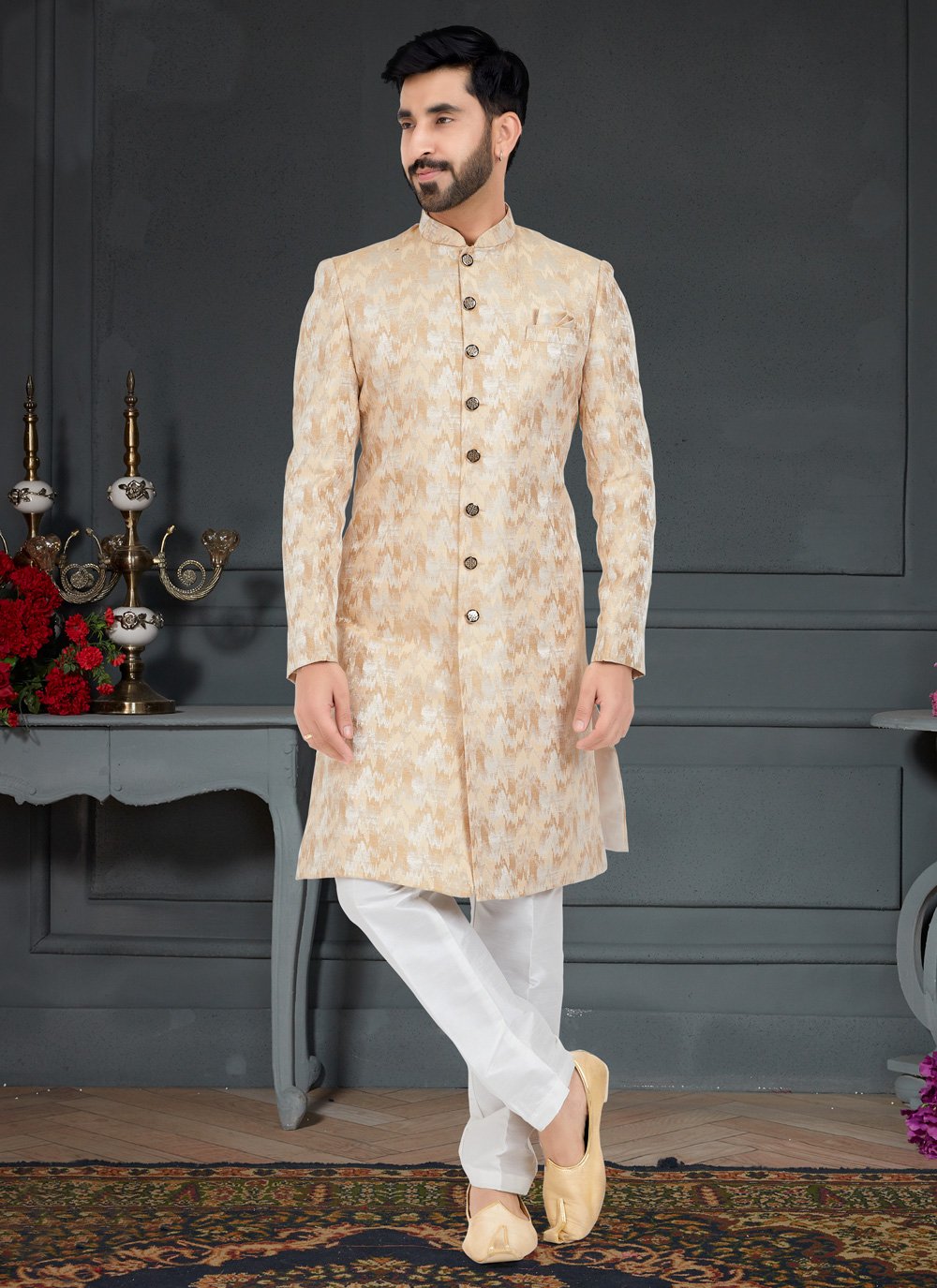 Indo Western Jacquard Cream White Weaving Mens