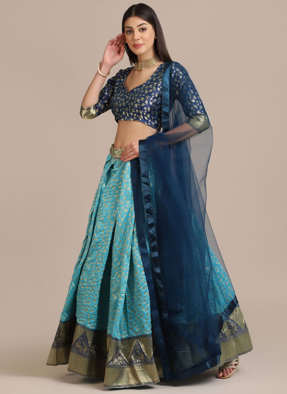 A Line Lehenga Jacquard Aqua Blue Woven Lehenga Choli